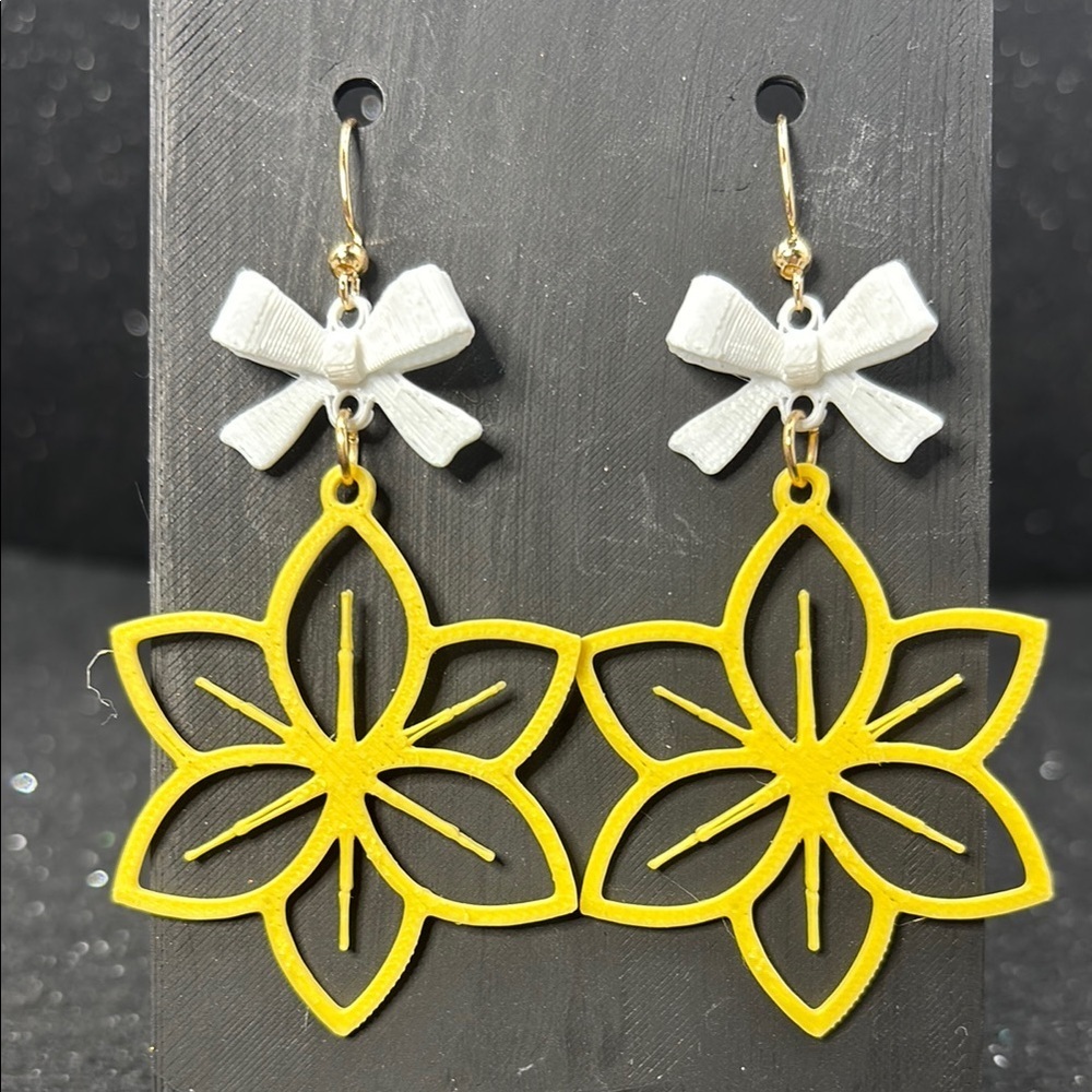 Yellow Floral Earrings with White Bow Accents - Picture 4 of 6